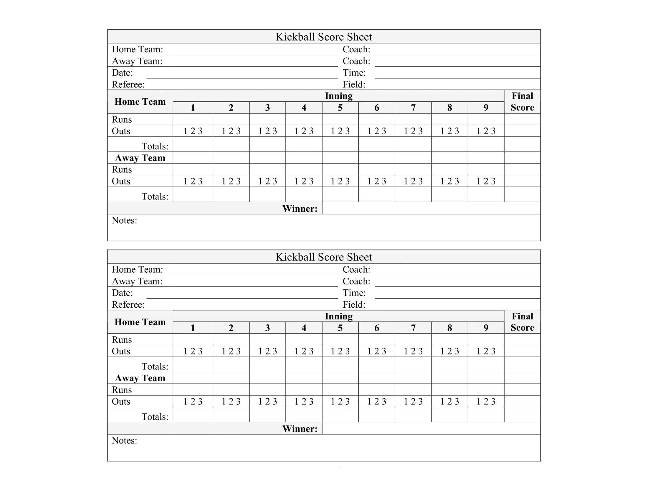 kickball score sheet