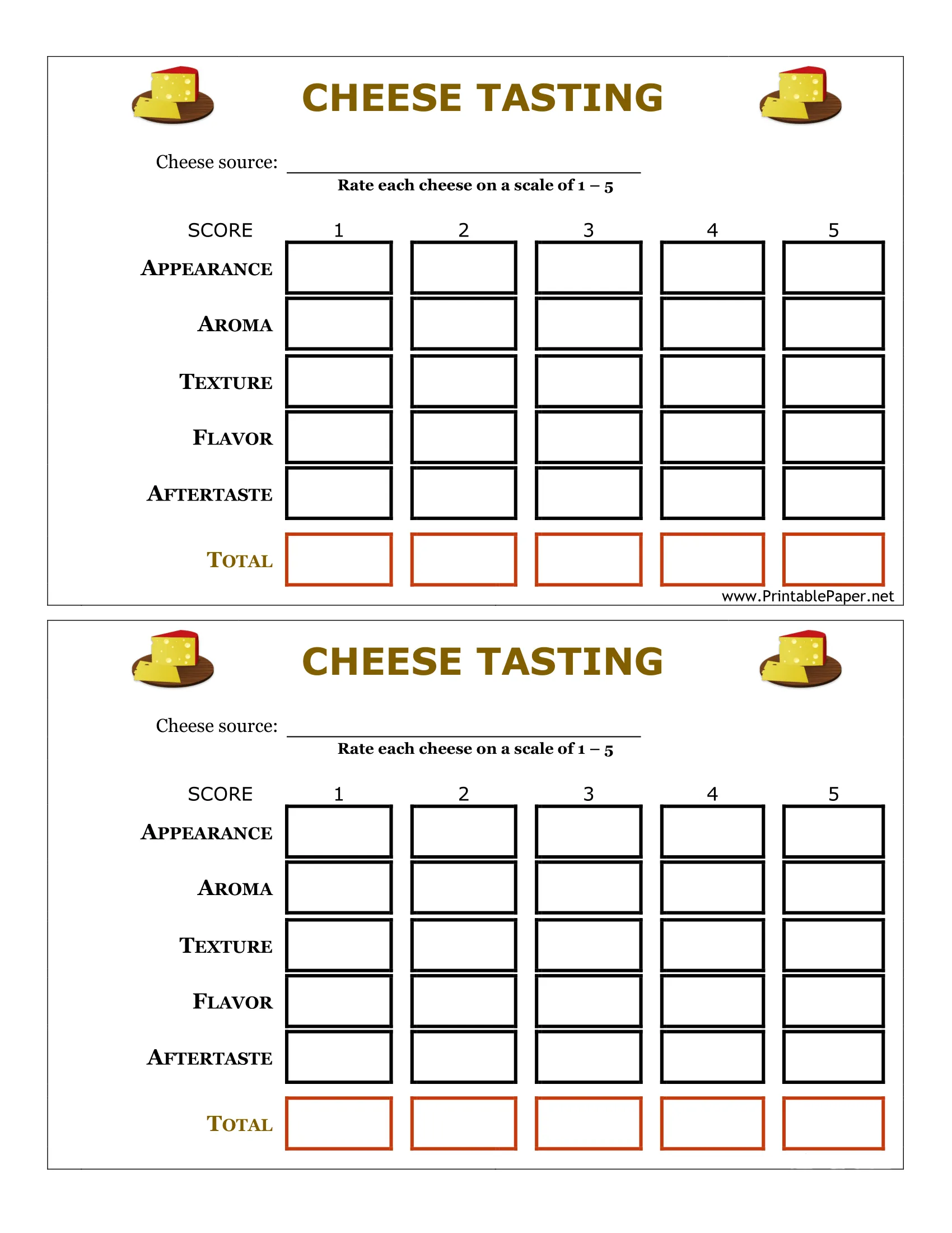 printable cheese testing score card