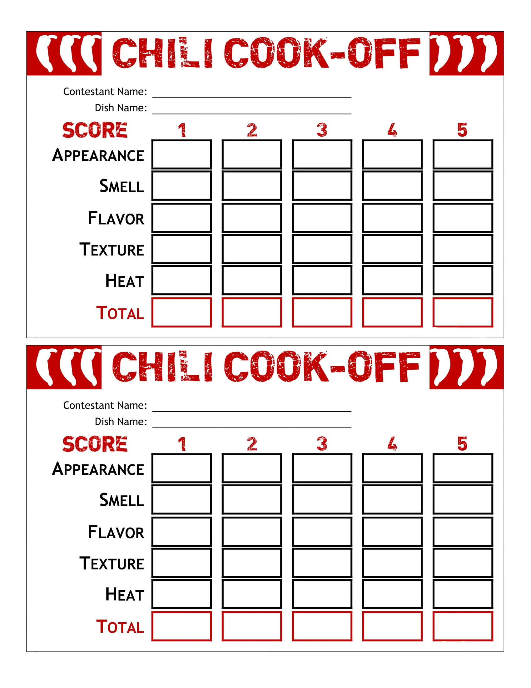 printable chili cook off score card