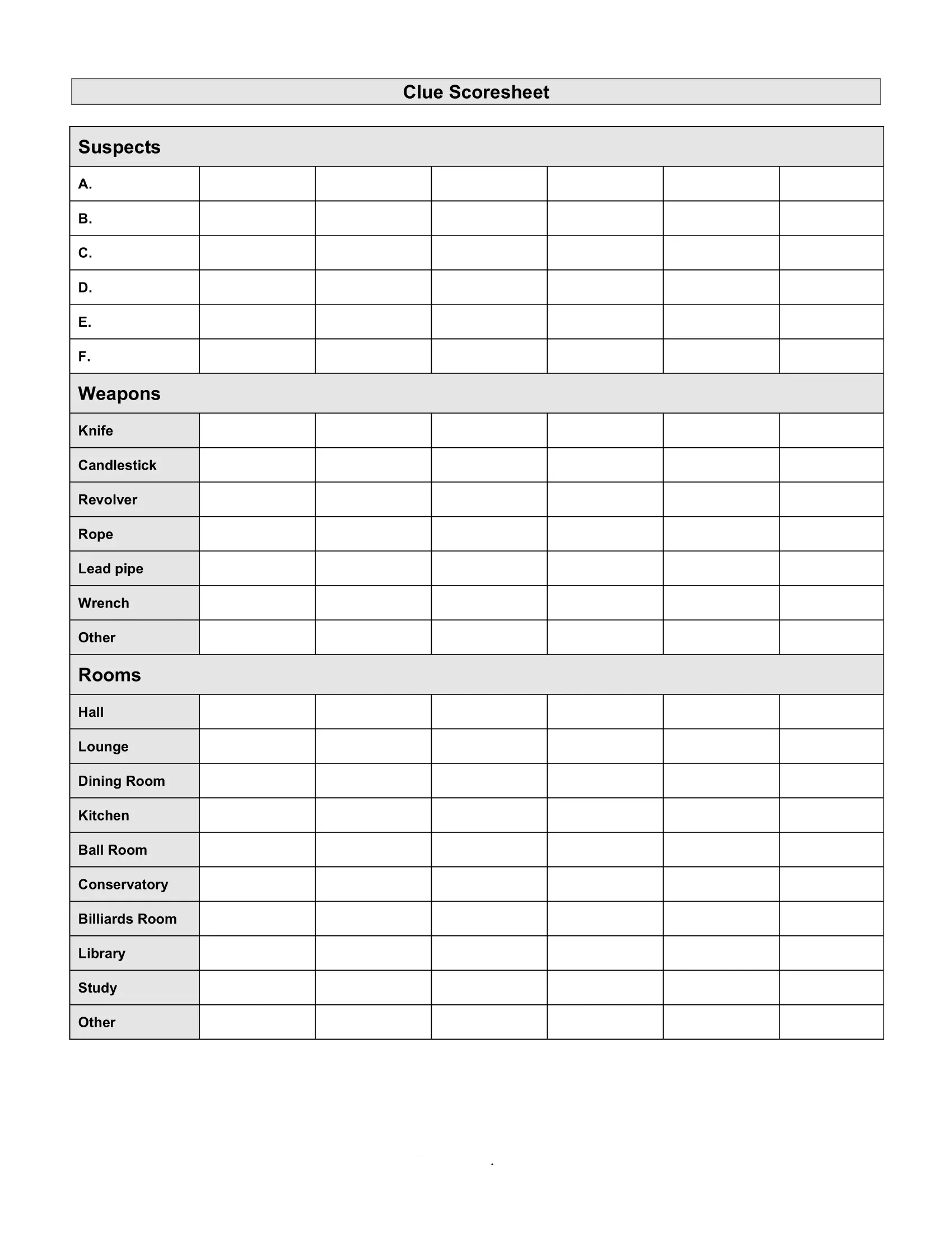 printable clue  score sheet