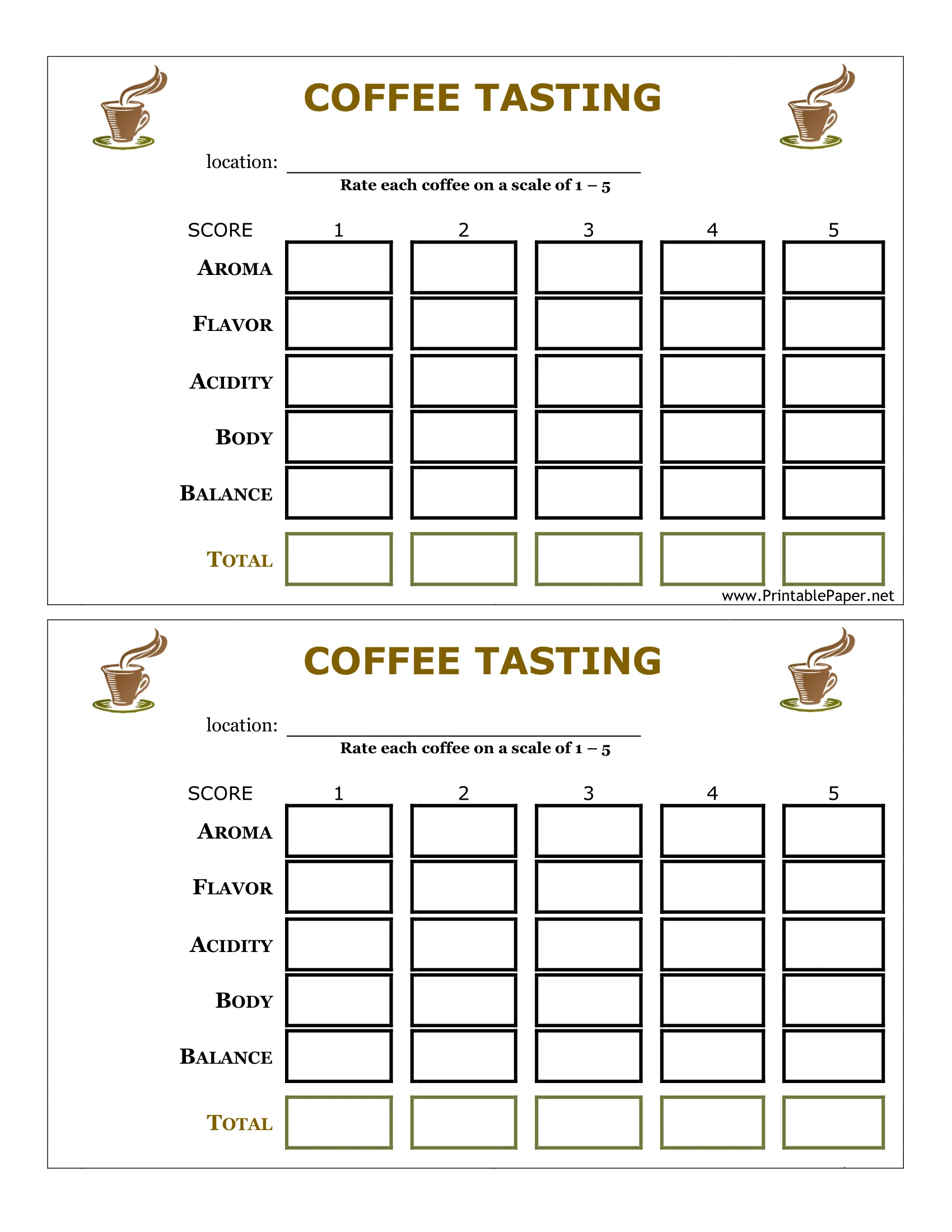 printable coffee testing score card