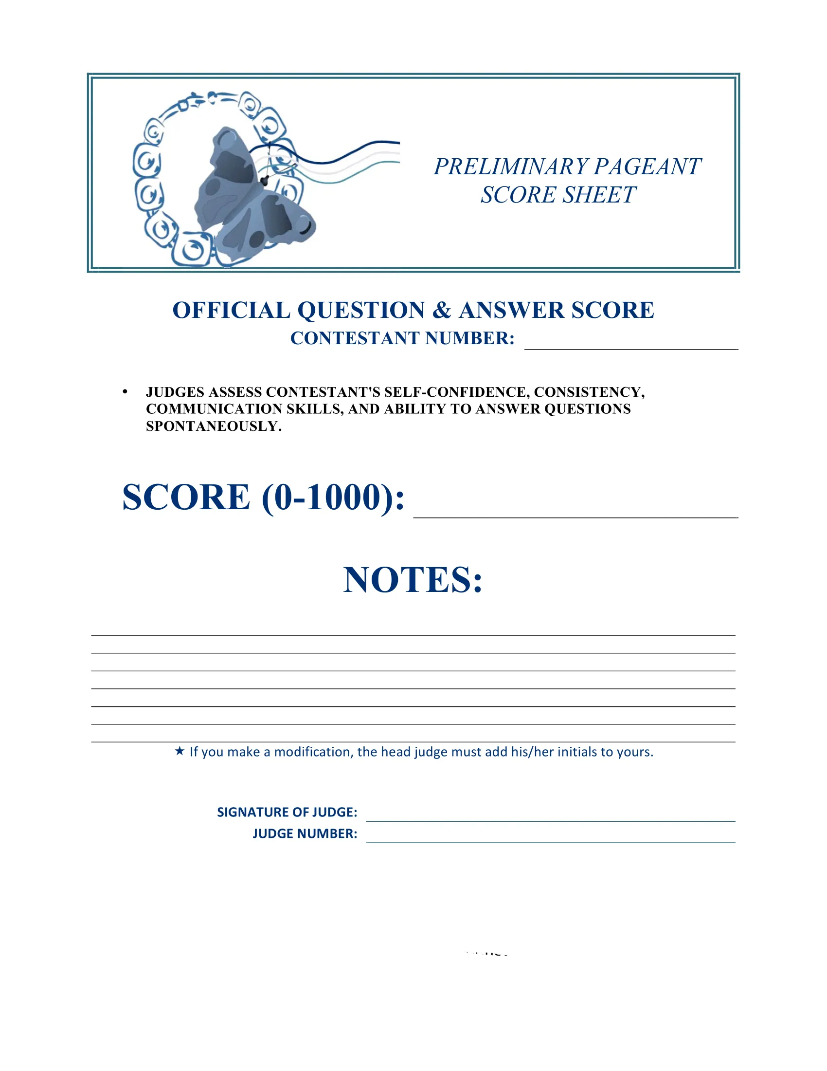 printable preliminary pageant official answered sheet
