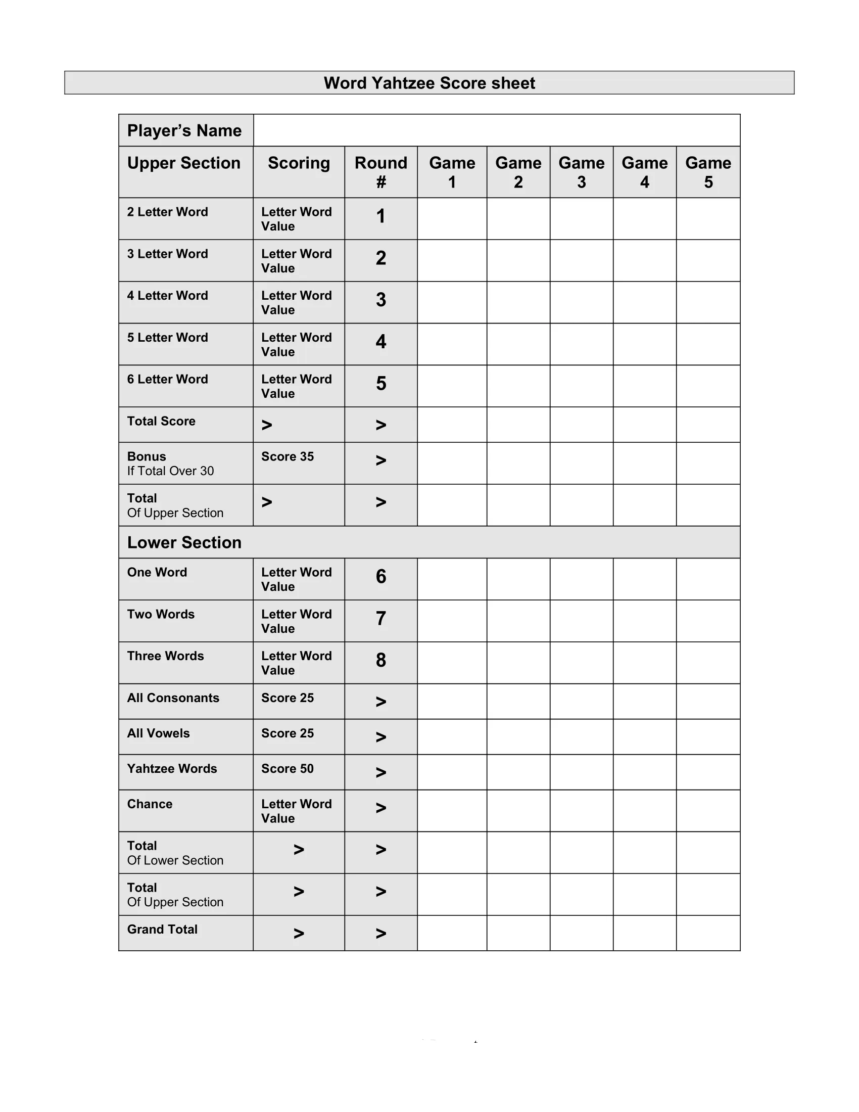 printable word yahtzee score sheet