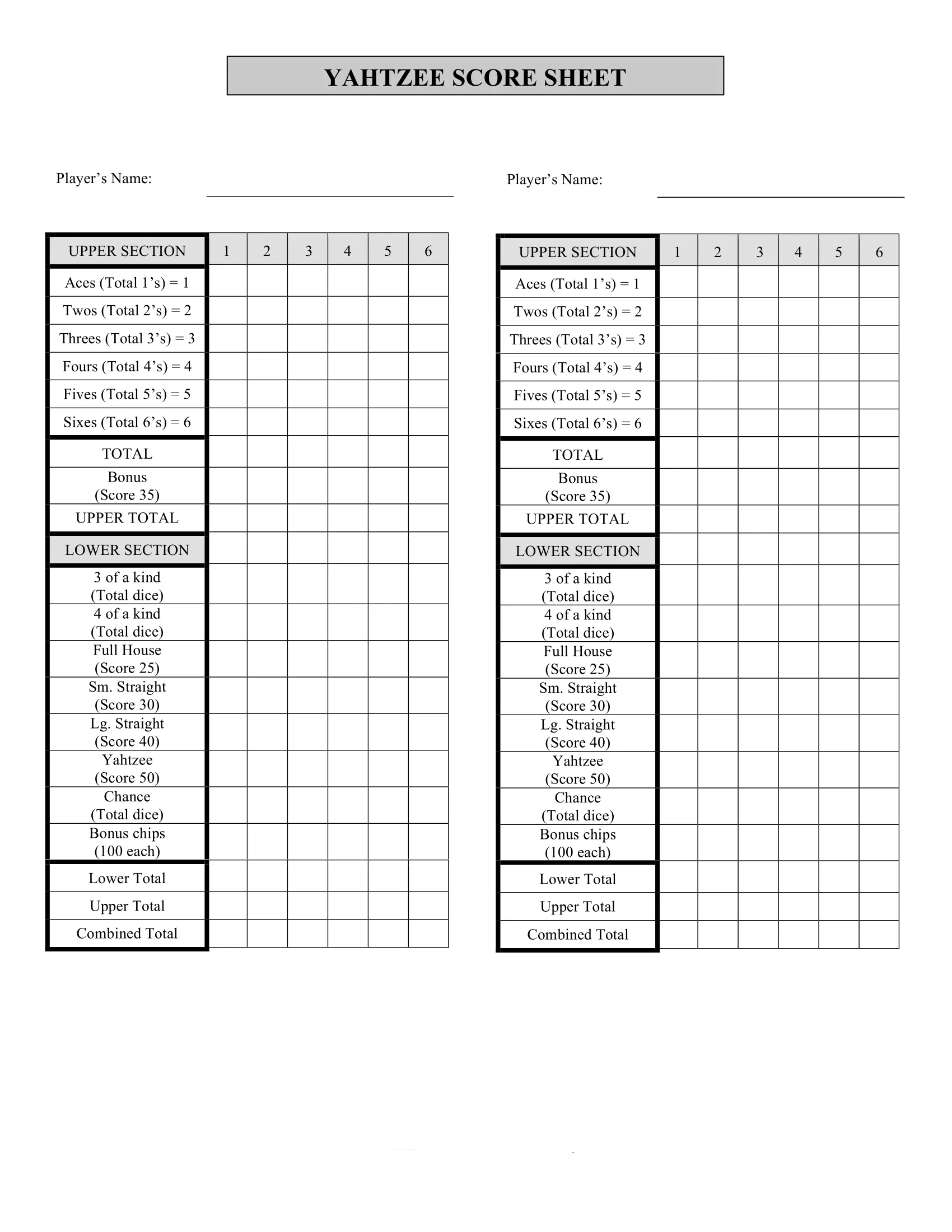 printable yahtzee score sheet