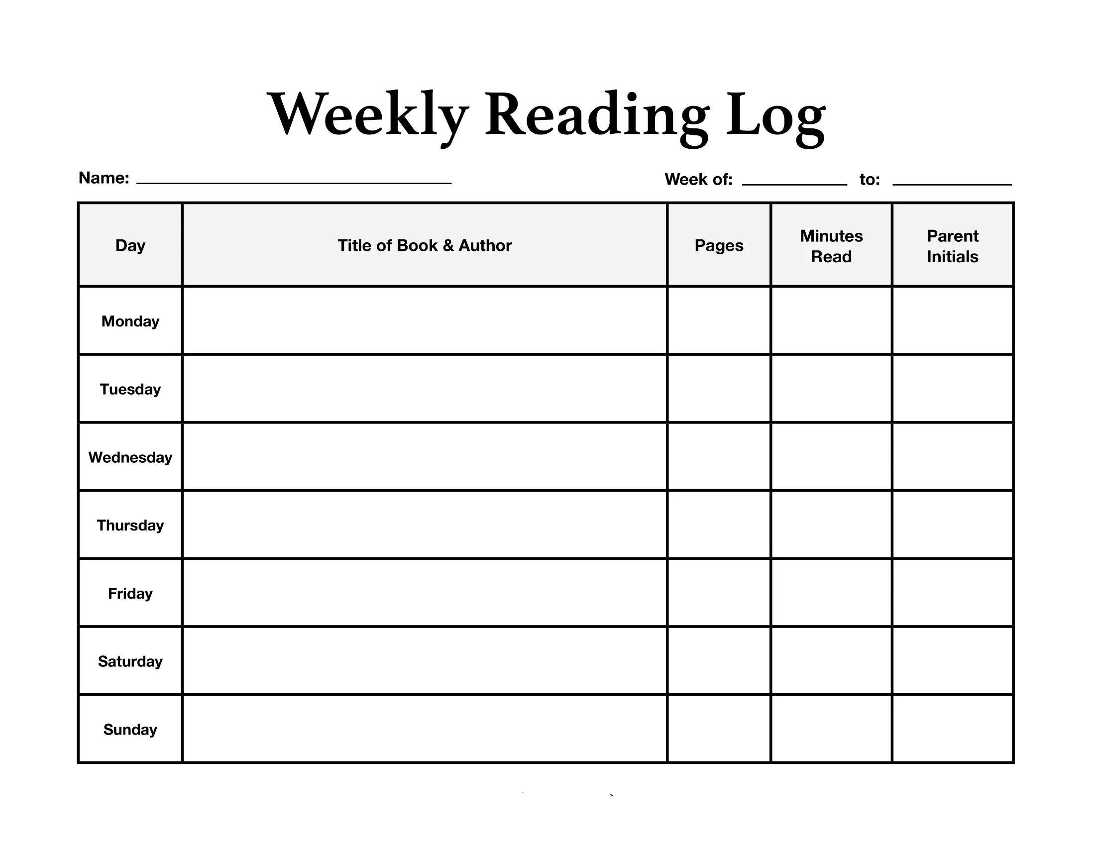 weekly reading log