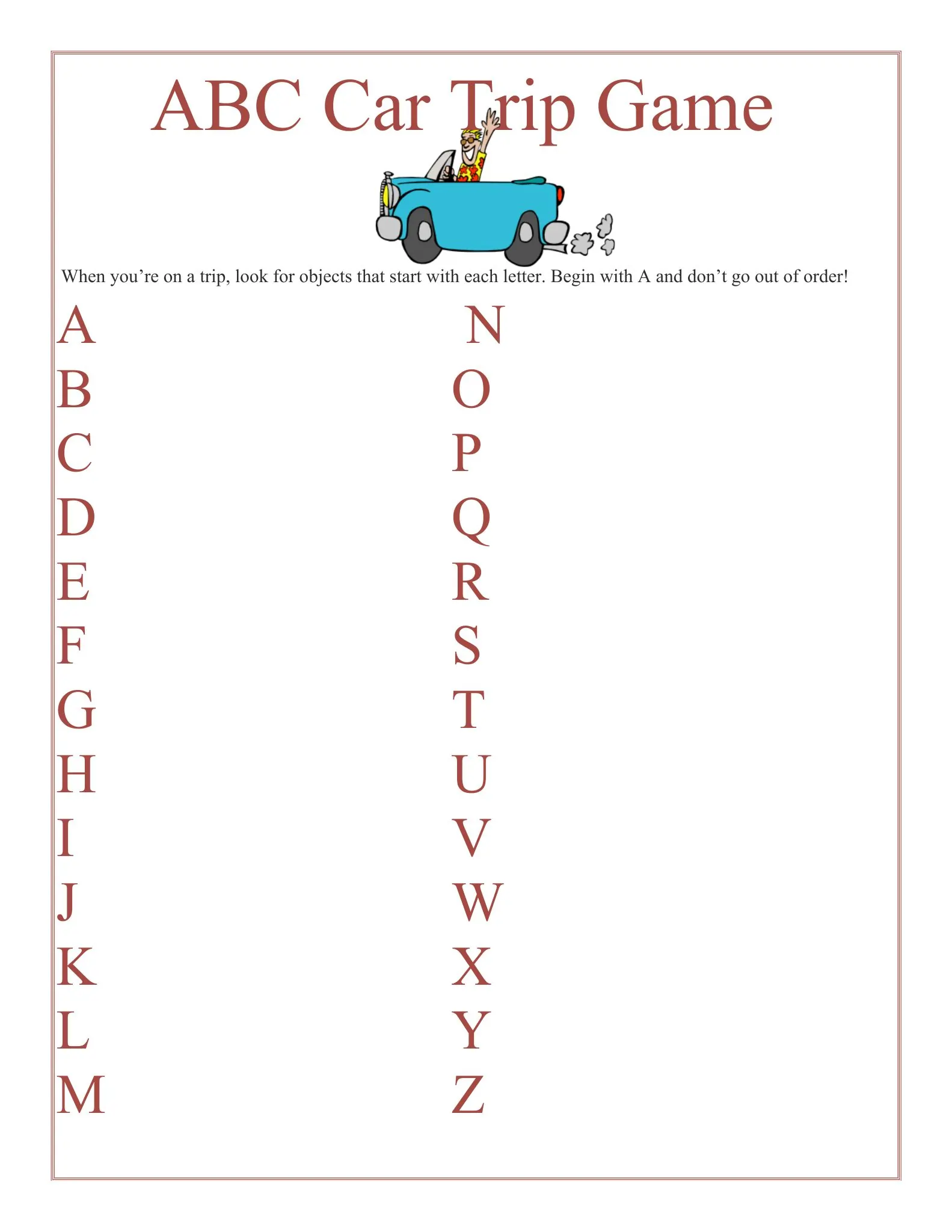 Scoring Sheets 1 abc car trip game score sheet