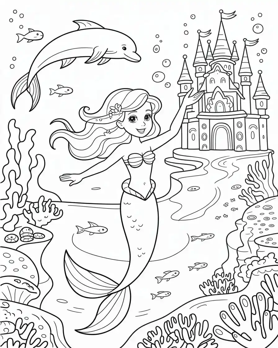 adventurous princess mermaid swimming outside castle with dolphin coloring page