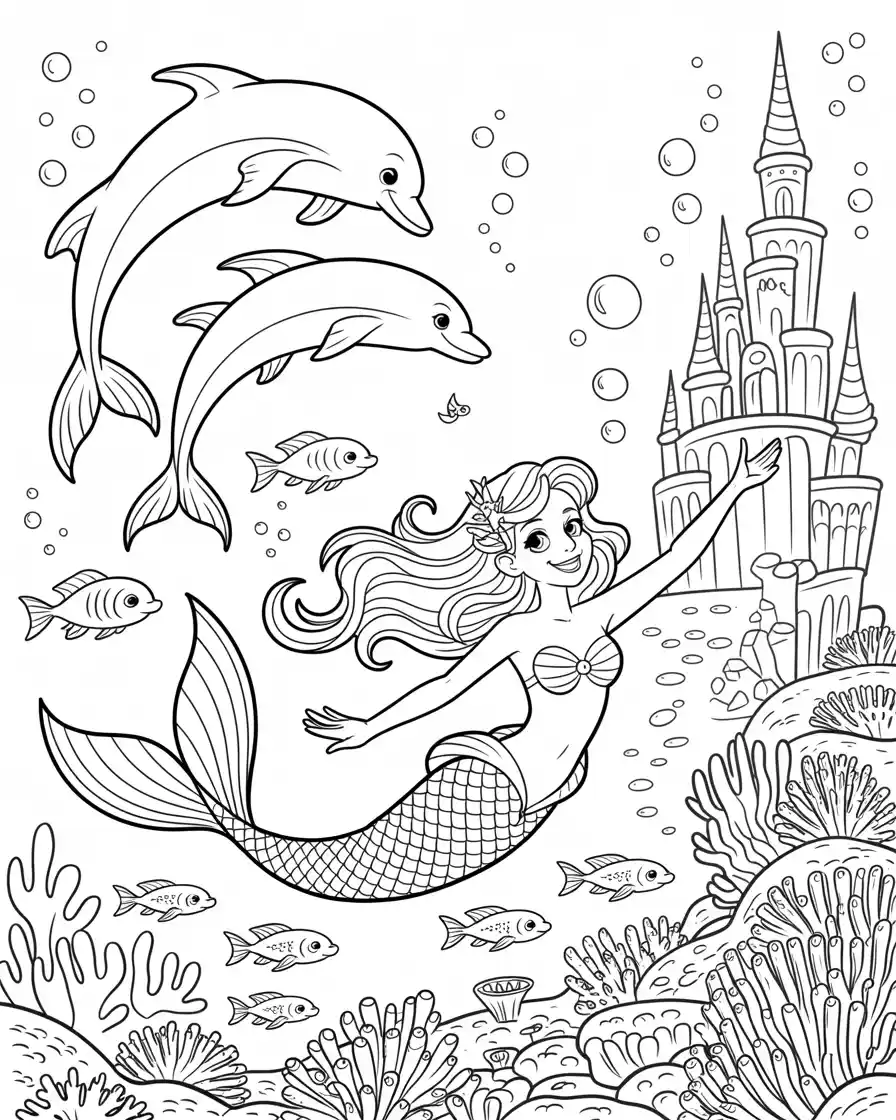 adventurous princess mermaid swimming outside castle with dolphin coloring page