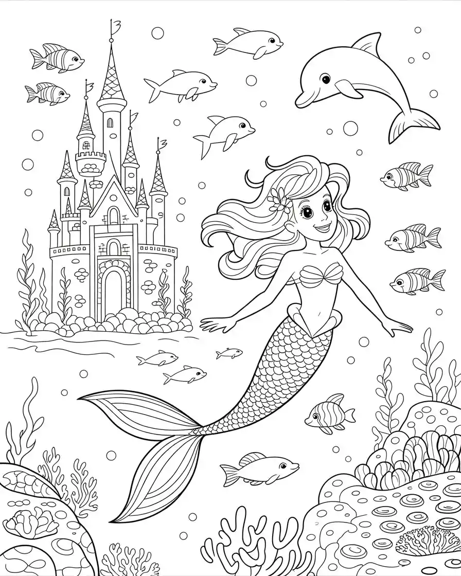 adventurous princess mermaid swimming outside castle with dolphin coloring page