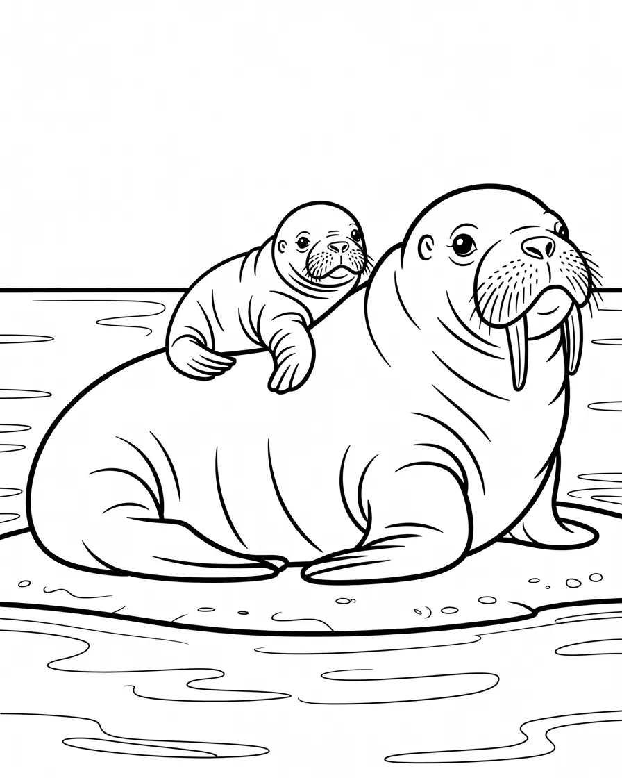 baby walrus on mom's back mammal coloring pages