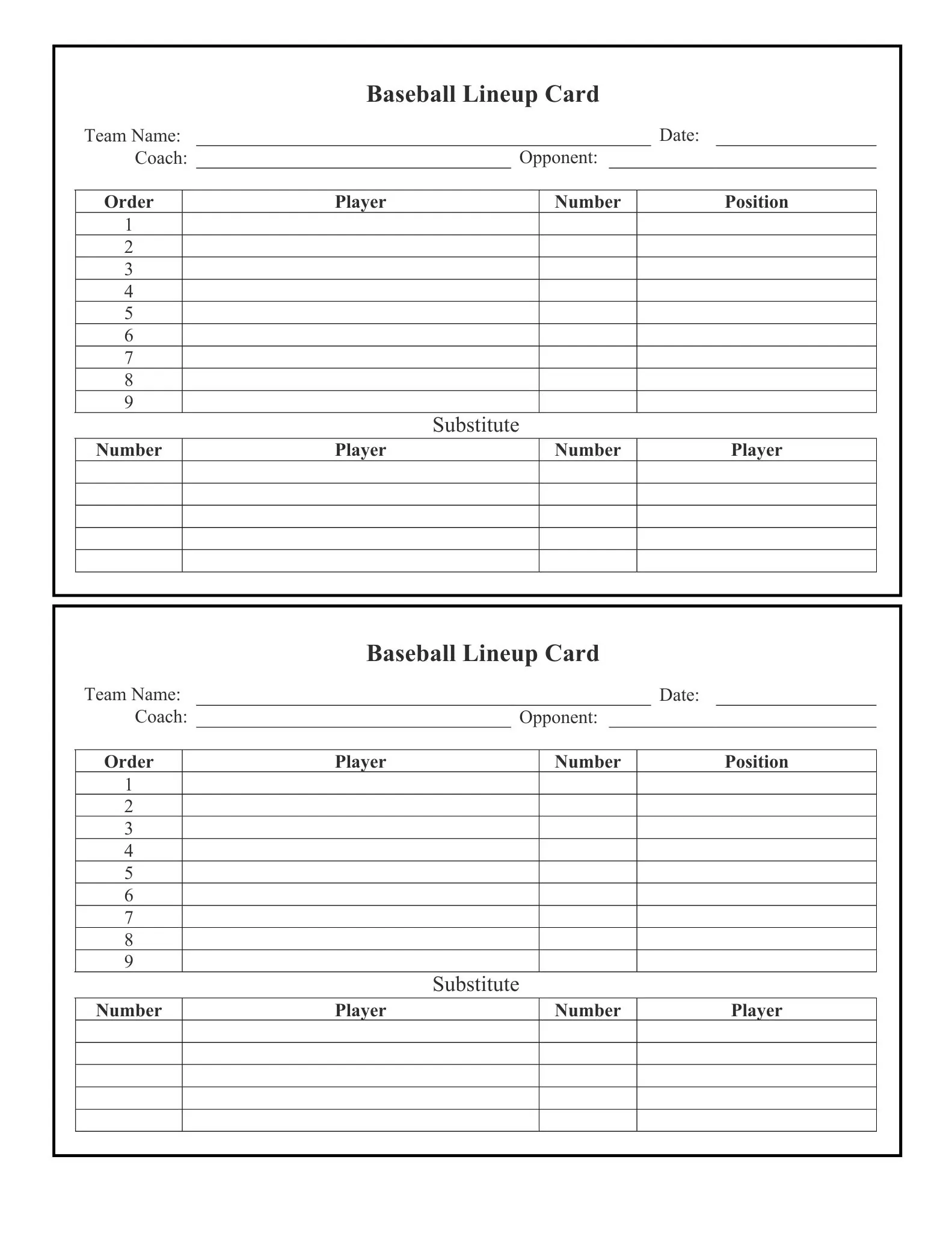 Scoring Sheets 4 baseball lineup card