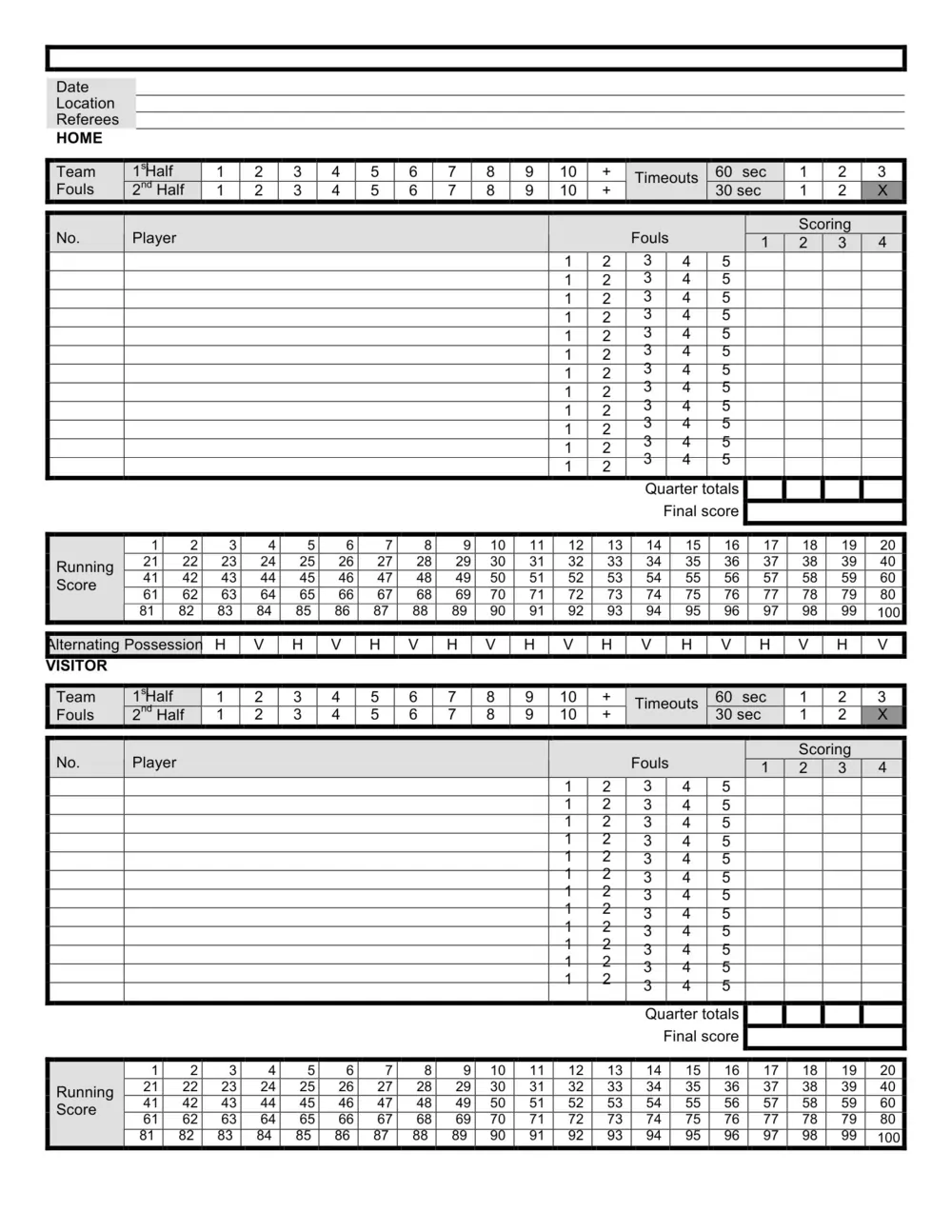 Scoring Sheets 5 basket ball score sheet