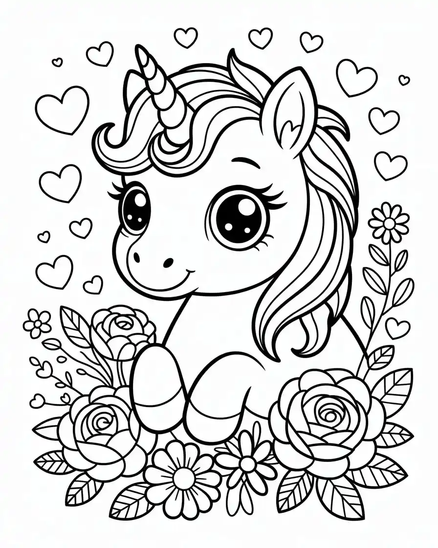 Unicorn Coloring Pages 4 beautiful little unicorn with flowers coloring page for kids