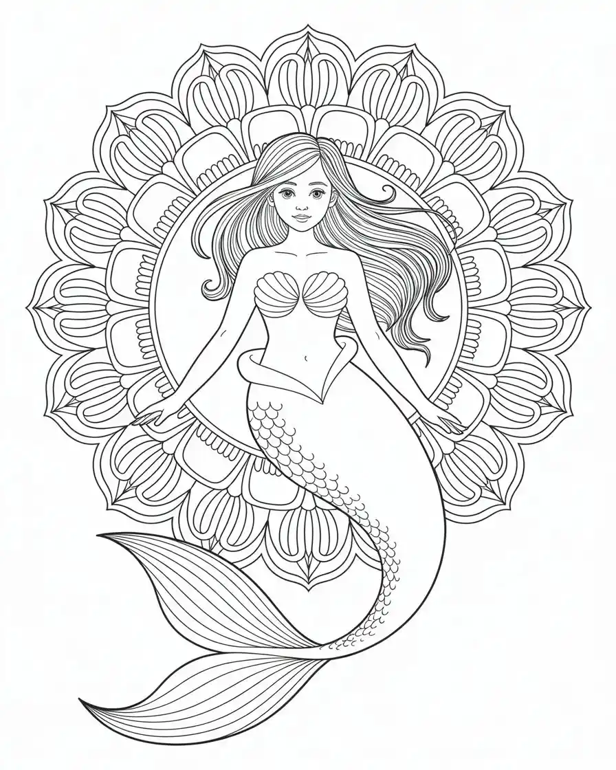 beautiful mermaid at the center of floral mandala coloring page for adults