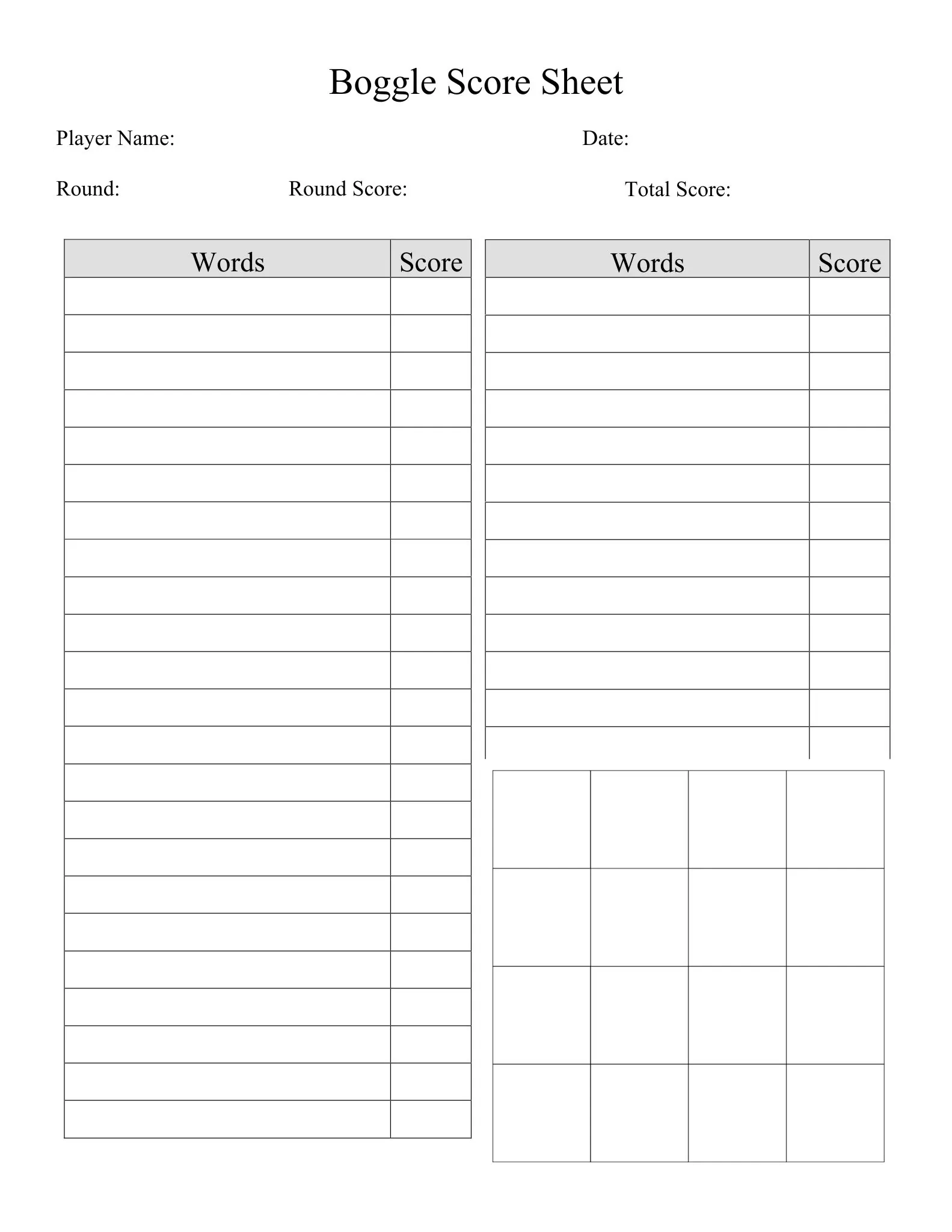Scoring Sheets 9 boggle score sheet