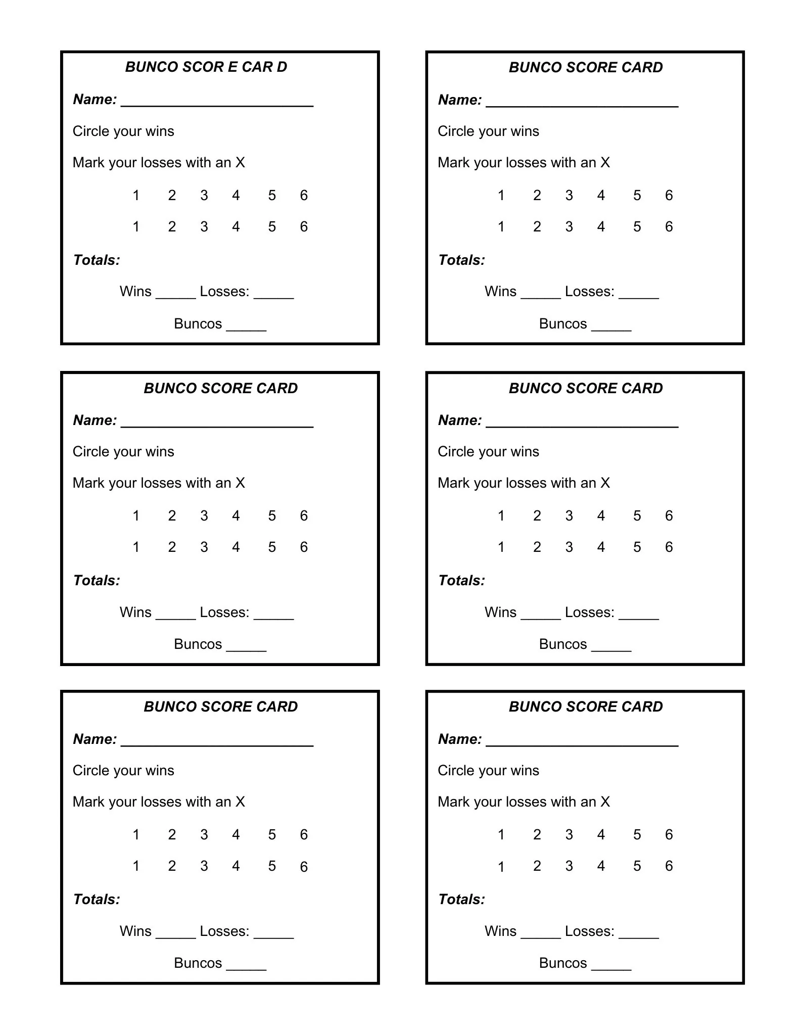 Scoring Sheets 11 bunco scoresheet