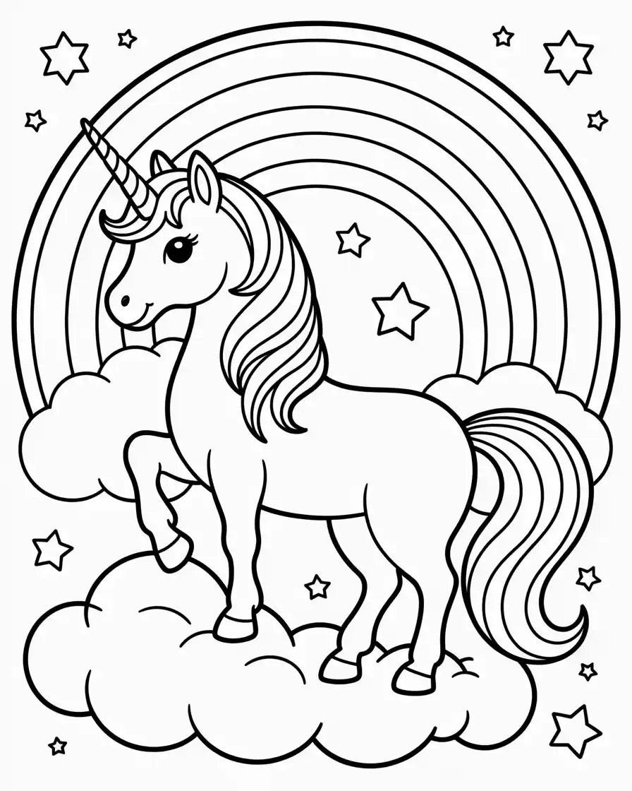 Unicorn Coloring Pages 5 calm unicorn standing beside a rainbow with stars coloring page