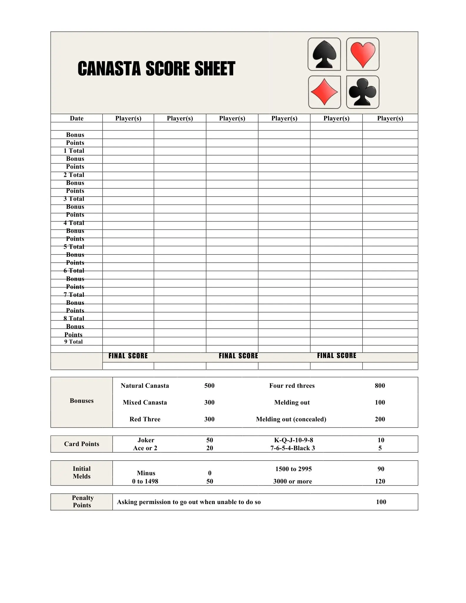Scoring Sheets 13 canasta score sheet