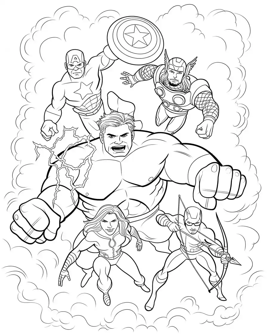 Captain America Coloring Pages 13 captain america with hulk iron man thor black widow and hawkeye 1