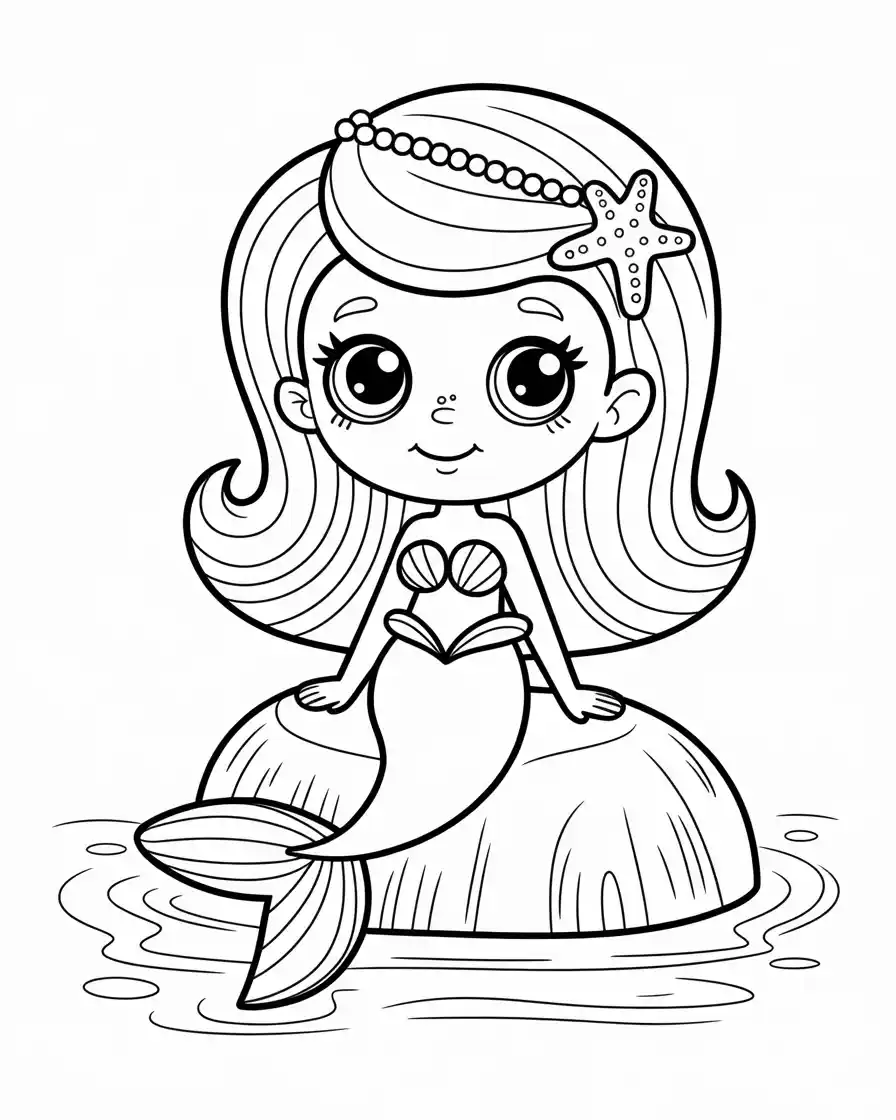 charming mermaid with pearls and starfish ornaments sitting on rock coloring page