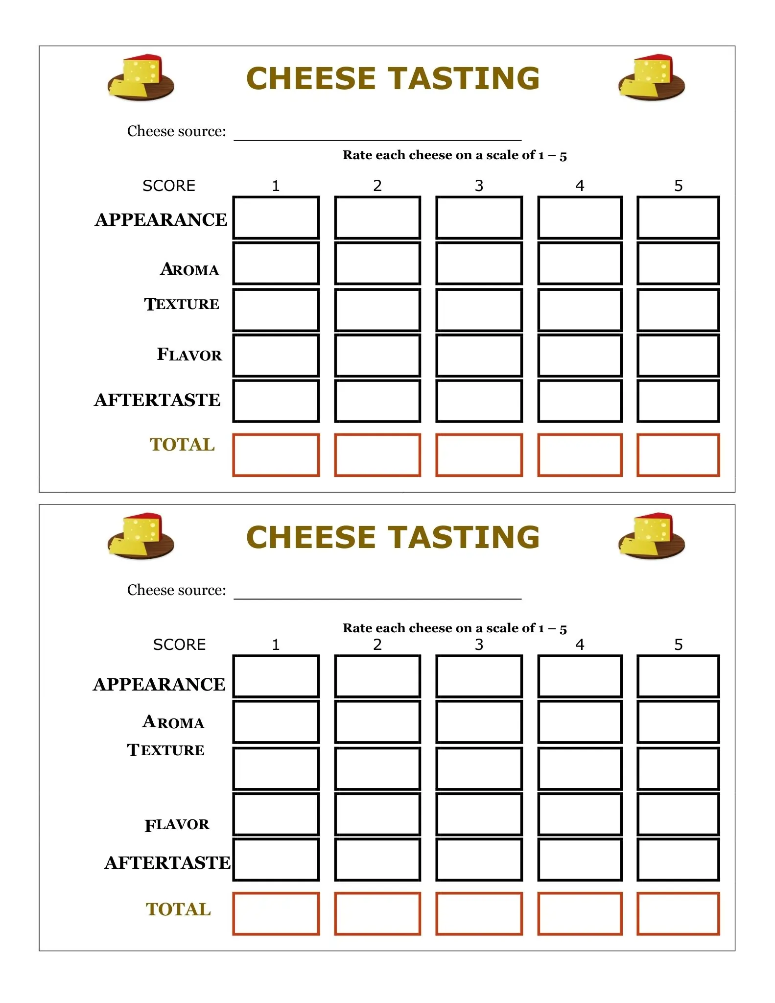 Scoring Sheets 14 cheese tasting score card