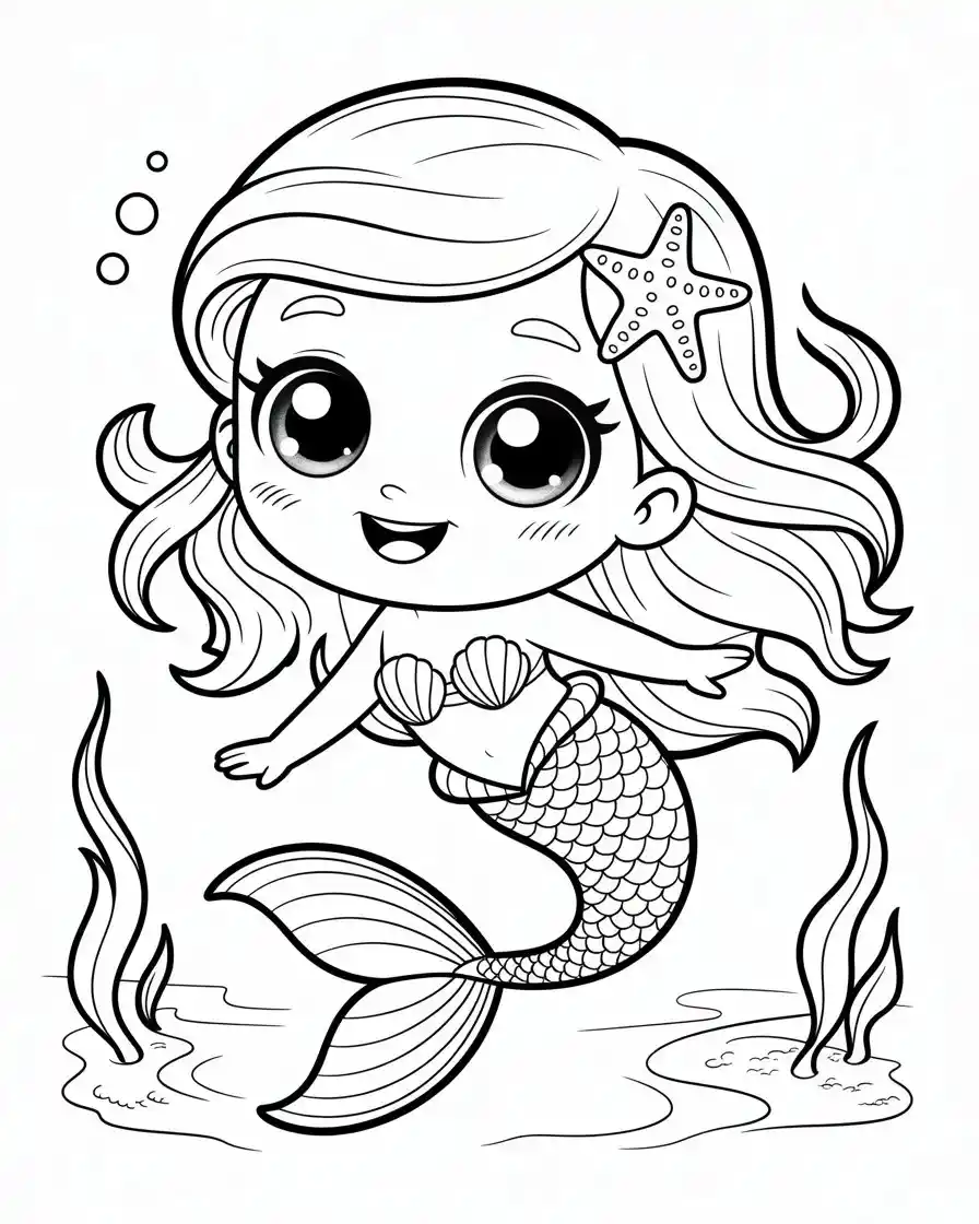 chibi mermaid with big eyes and flowing hair coloring page