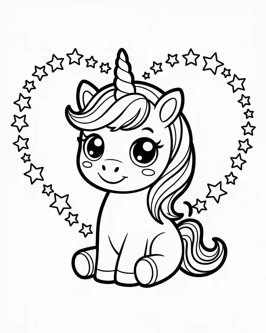Unicorn Coloring Pages 6 chibi smiling unicorn in a love heart coloring sheet for kids