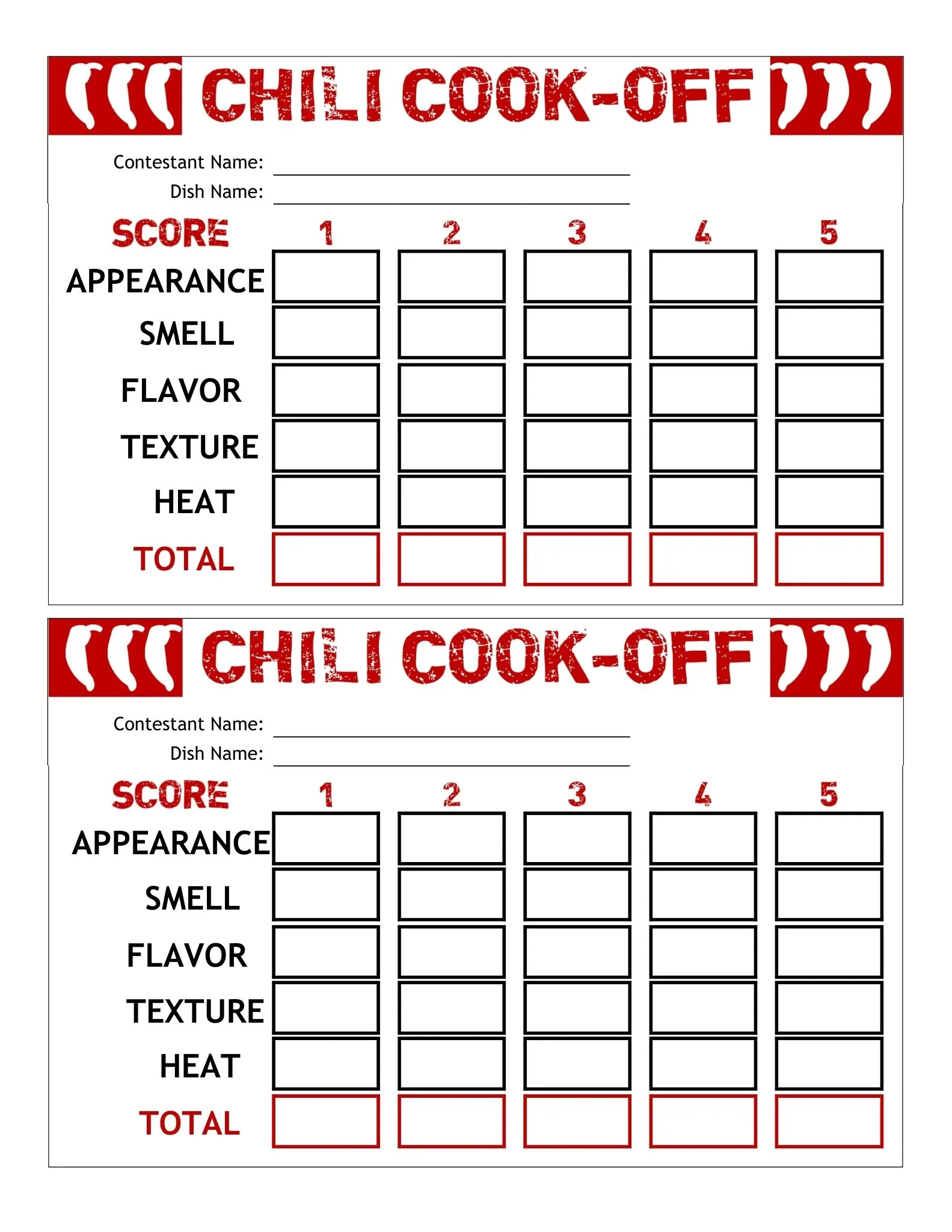 Scoring Sheets 15 chili cook off score card