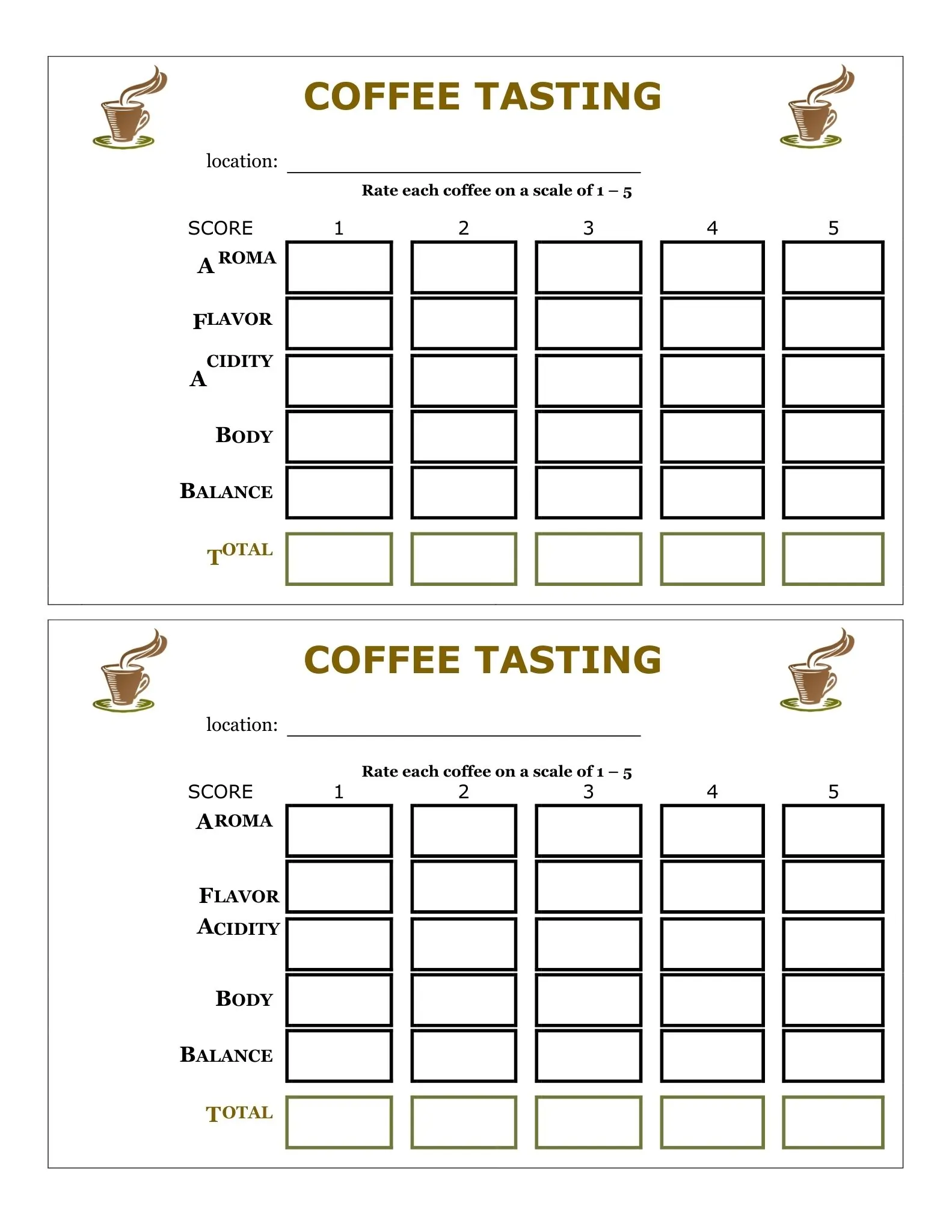 Scoring Sheets 16 coffee score card sheet