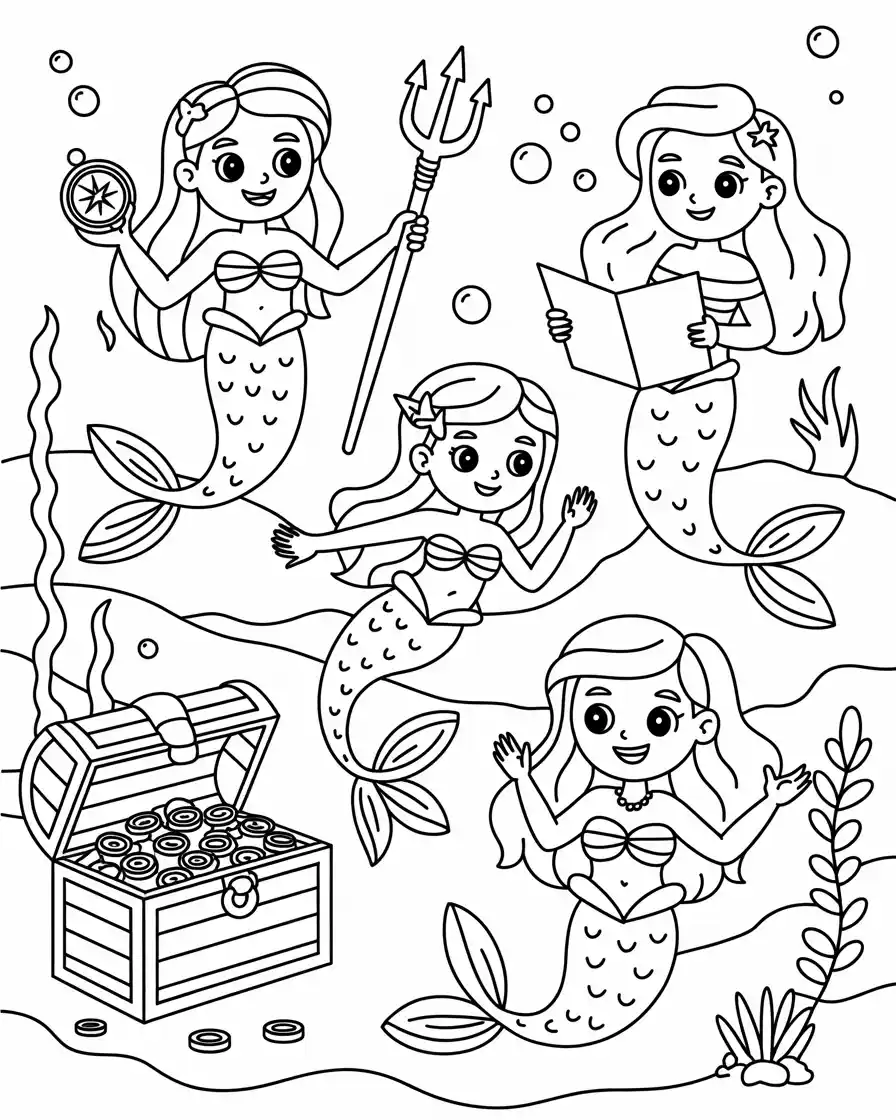 cowboy and gypsy mermaids finding a treasure chest coloring page