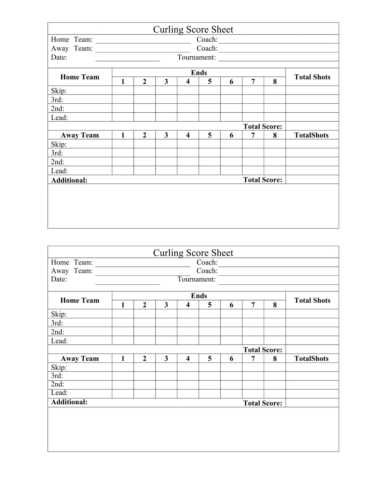 Scoring Sheets 20 curling score sheet
