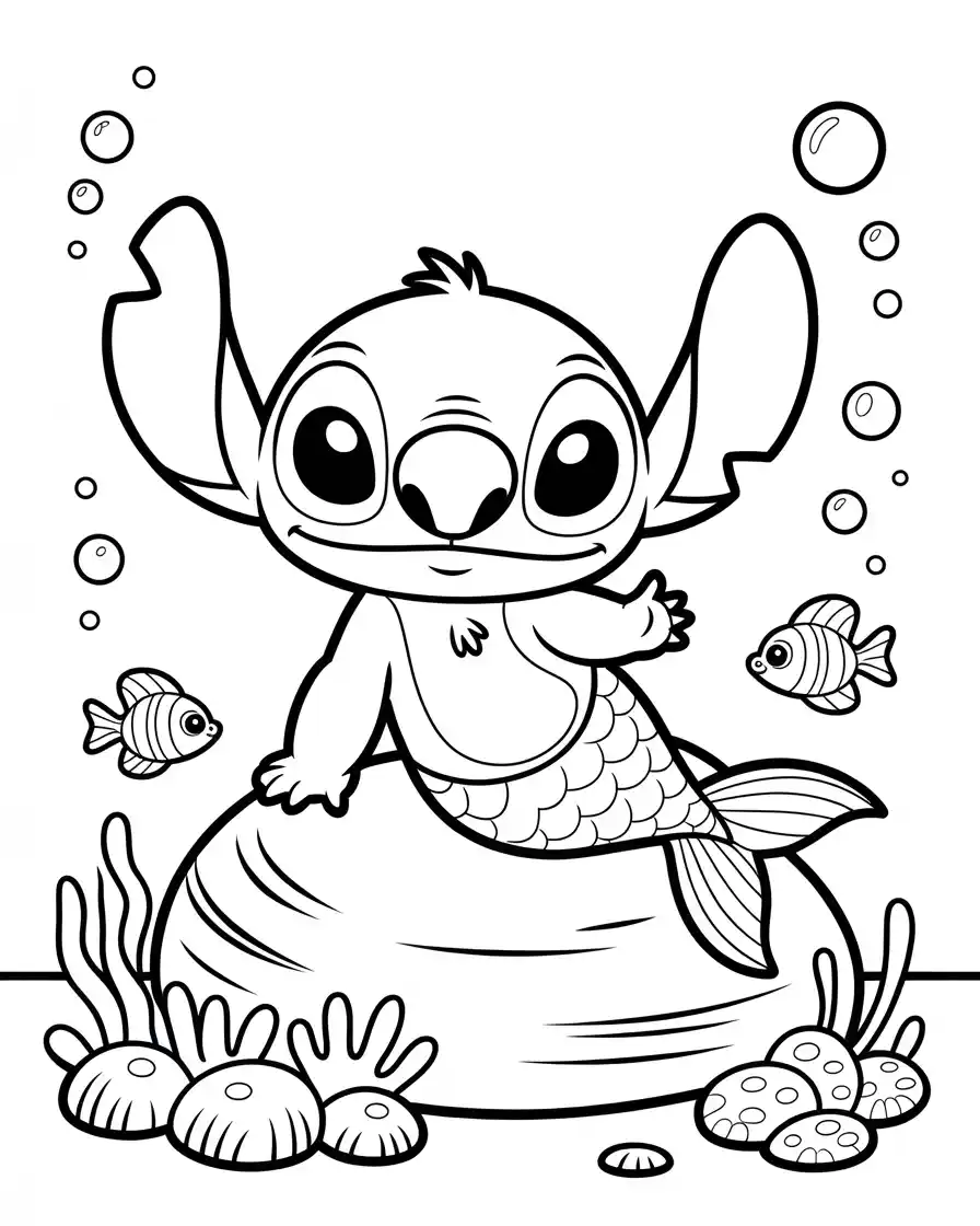 cute mermaid stitch with corals and fish coloring page