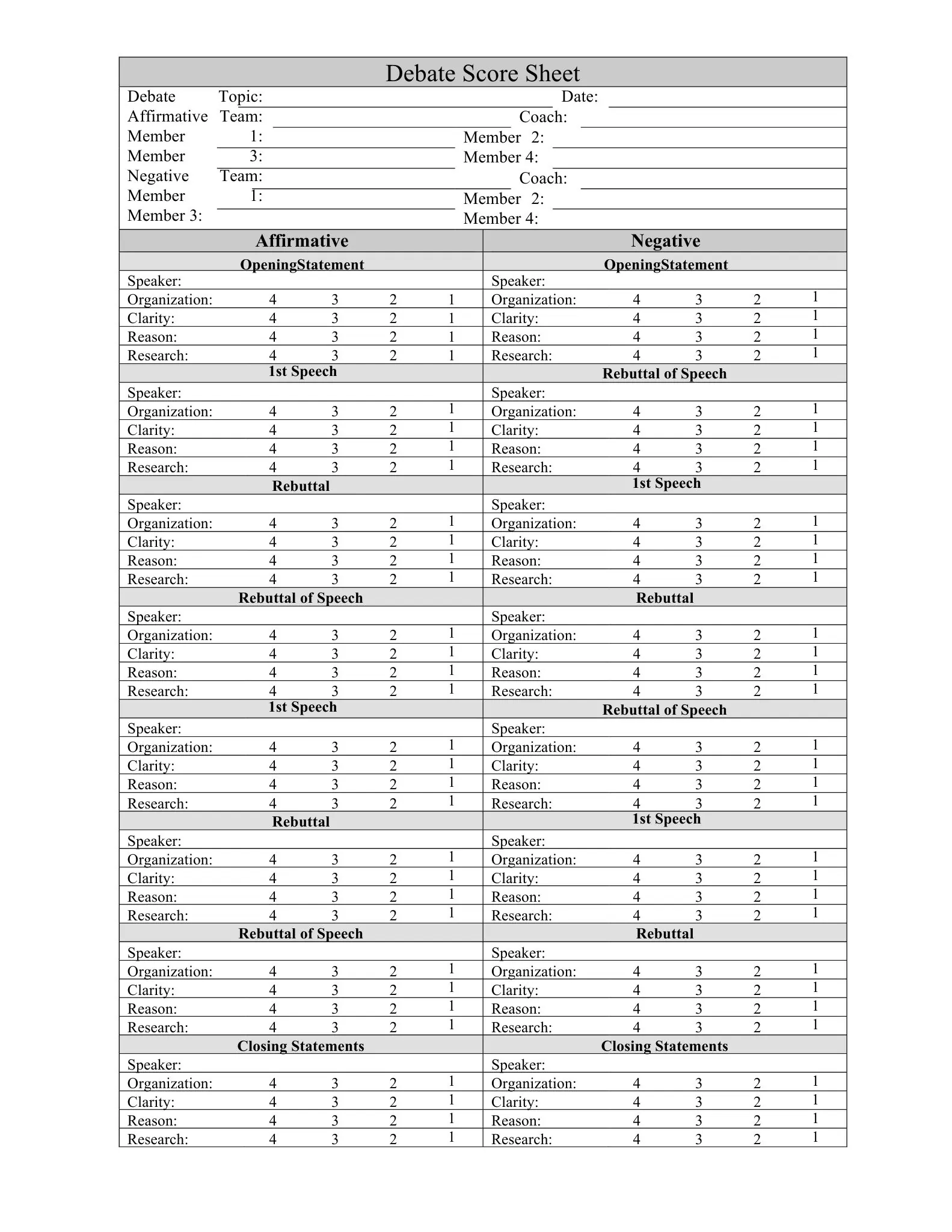 Scoring Sheets 21 debate score sheet