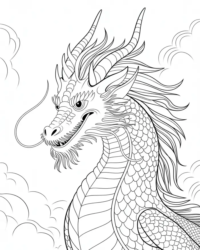 detailed dragon with long whiskers coloring page