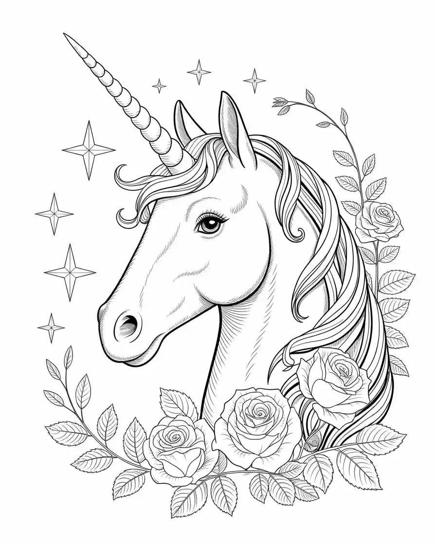 Unicorn Coloring Pages 11 detailed unicorn face with long horn to coloring page 1