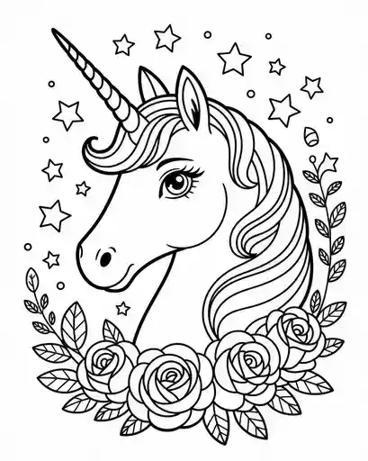 Unicorn Coloring Pages 12 detailed unicorn face with long horn to color