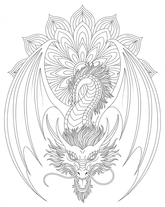dragon behind a flower mandala coloring page 1