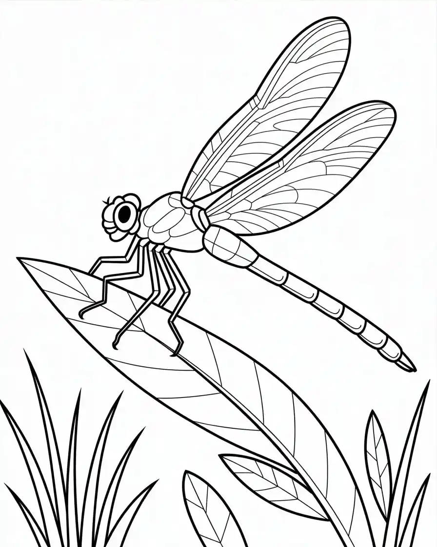 dragonfly perched on leaf coloring pages