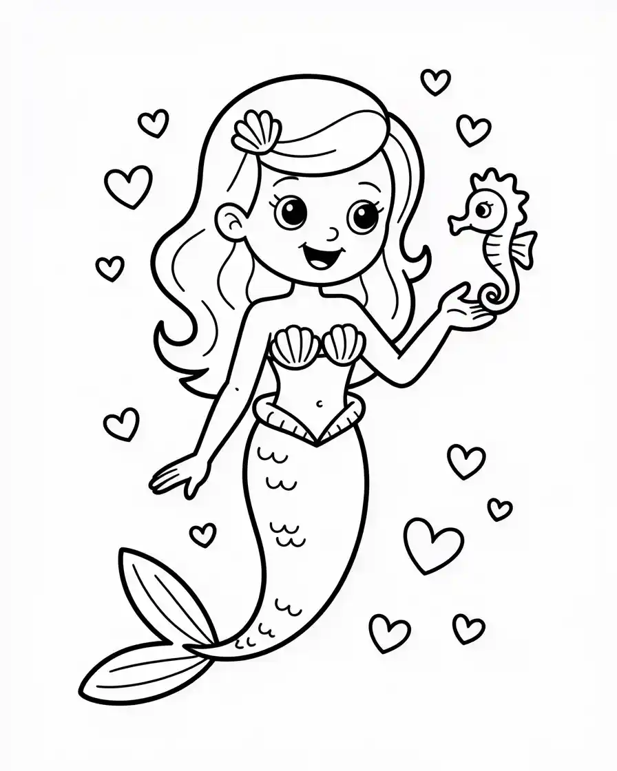 easy mermaid with pet seahorse and love hearts coloring sheet for preschoolers