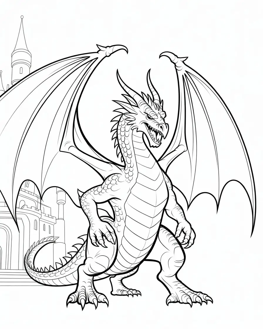 fierce looking dragon next to castle coloring page 1