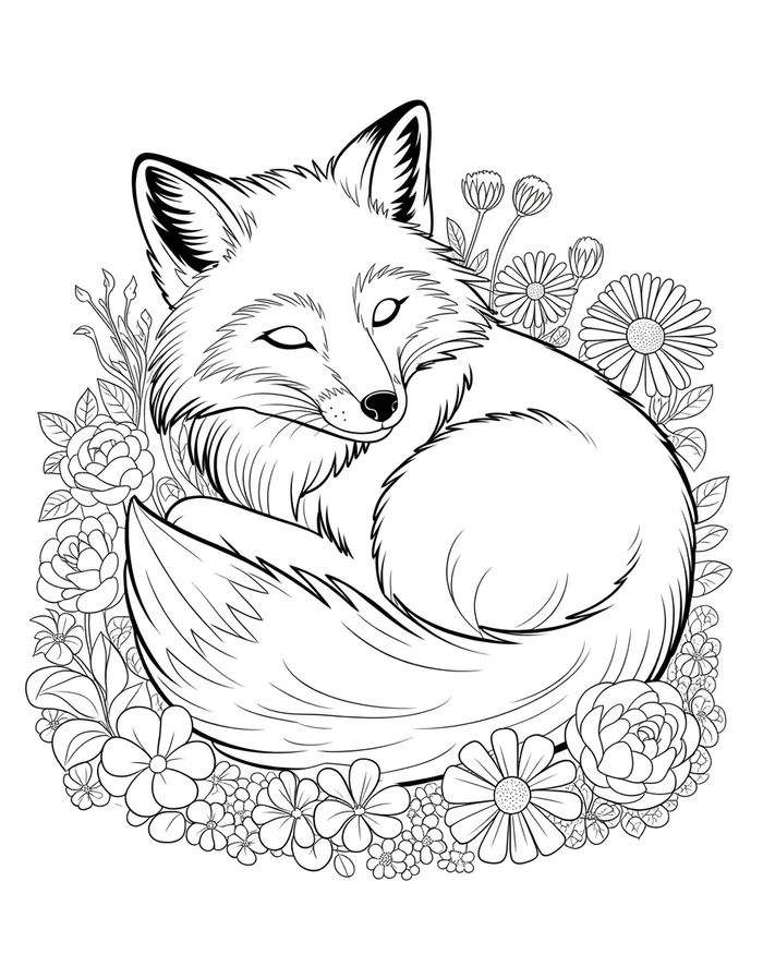 fox and flowers coloring page