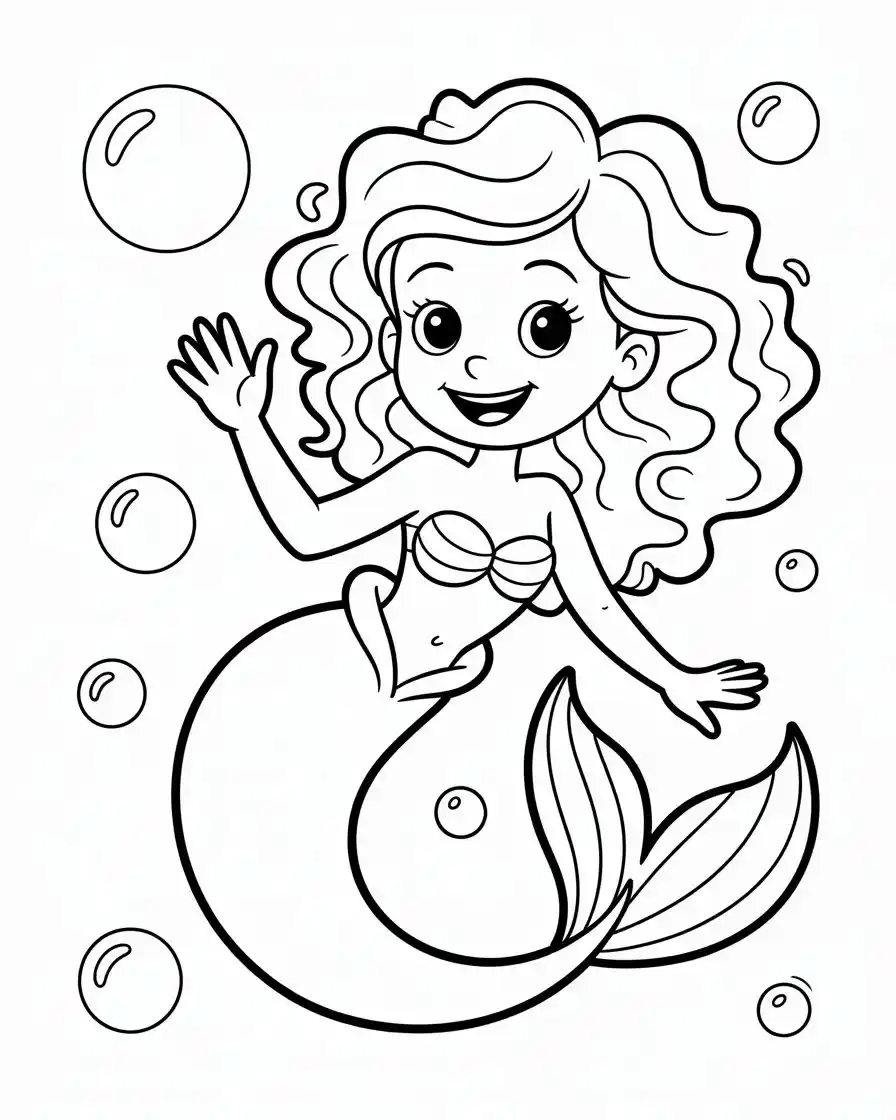 friendly mermaid with curly hair waving her hand coloring page