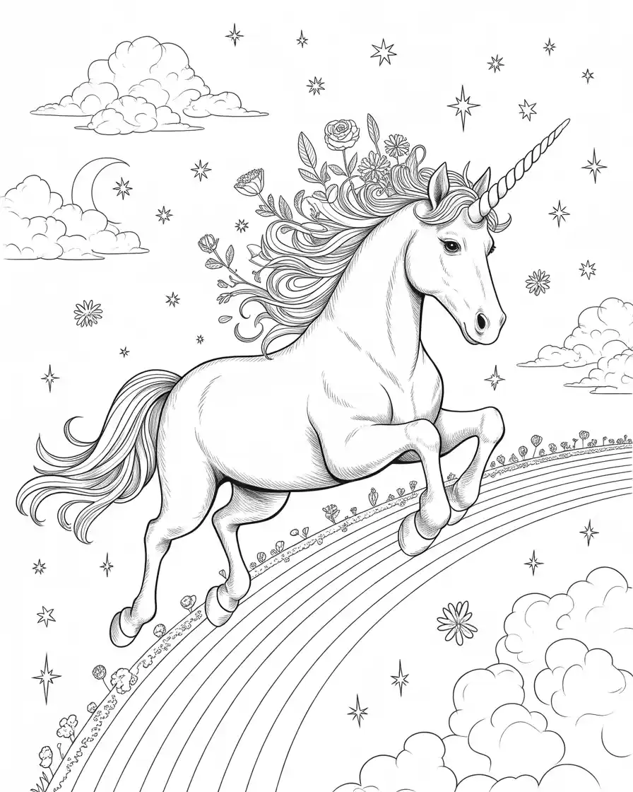 Unicorn Coloring Pages 16 galloping unicorn on rainbow to color for adults 1