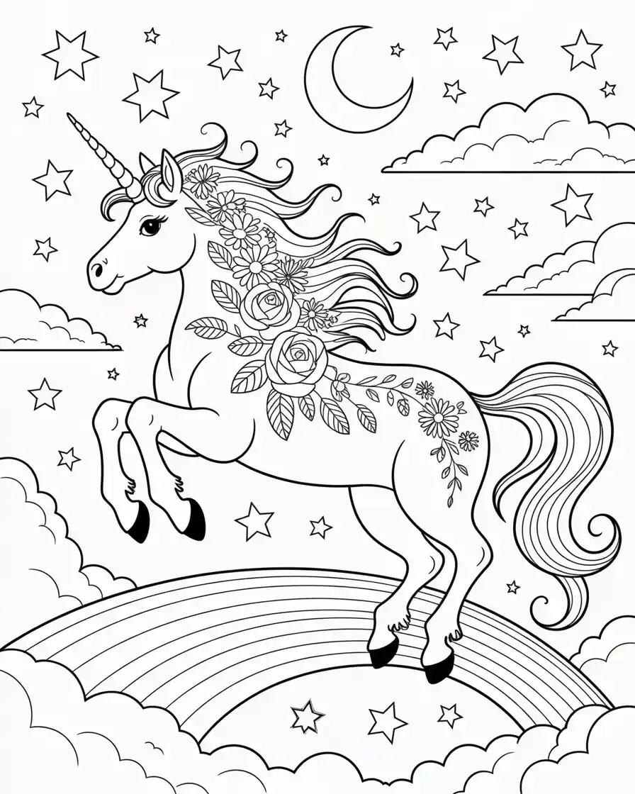 Unicorn Coloring Pages 17 galloping unicorn on rainbow to color for adults