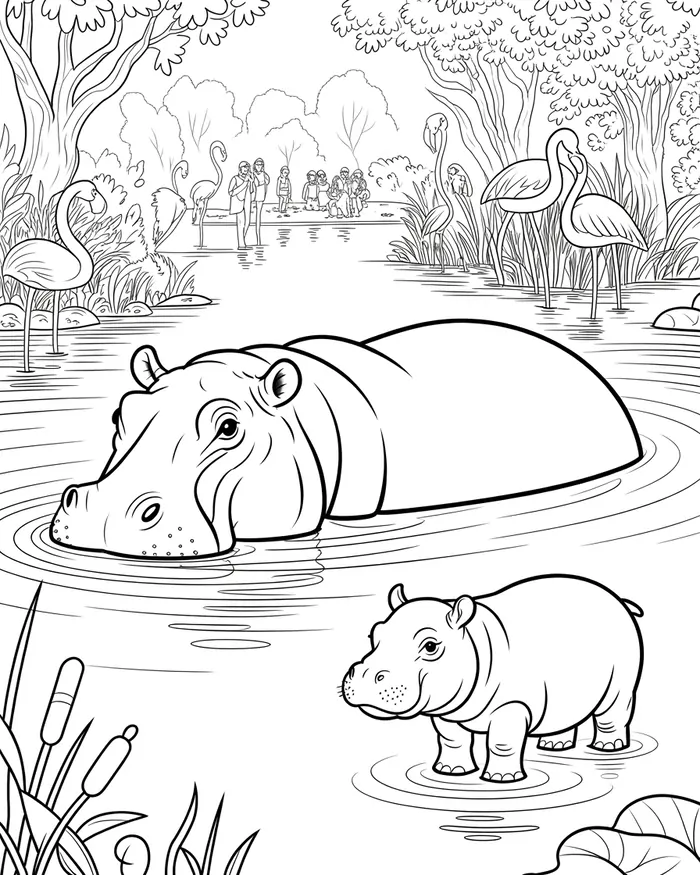 hippopotamus in pond coloring pages