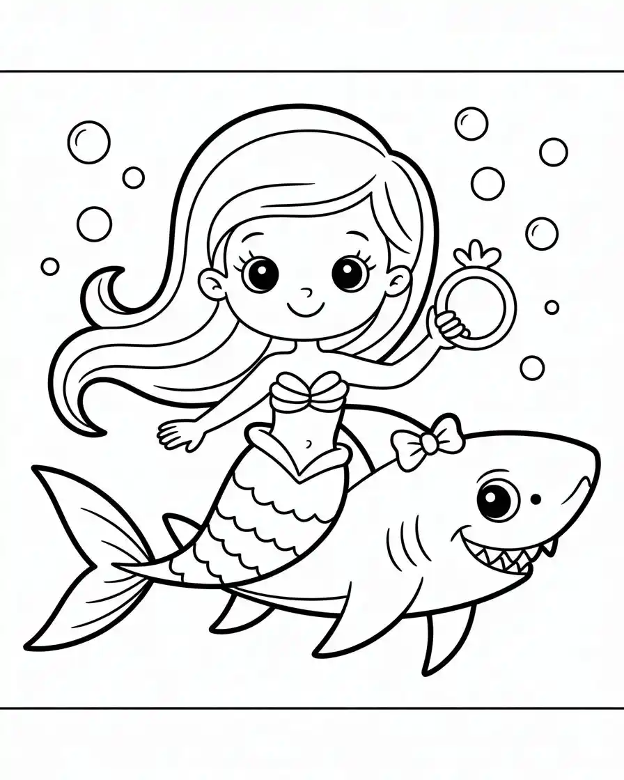 mermaid and shark coloring page