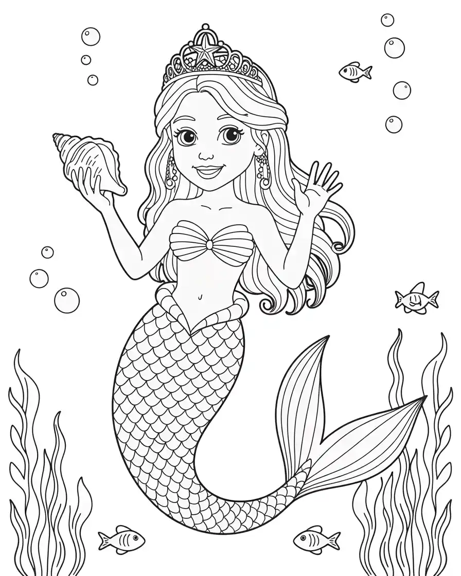 mermaid princess with crown waving