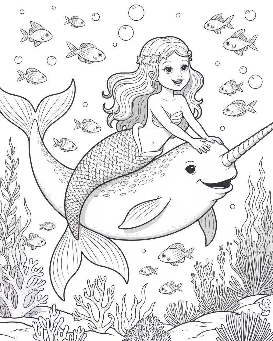 mermaid sitting on a narwhal under the sea