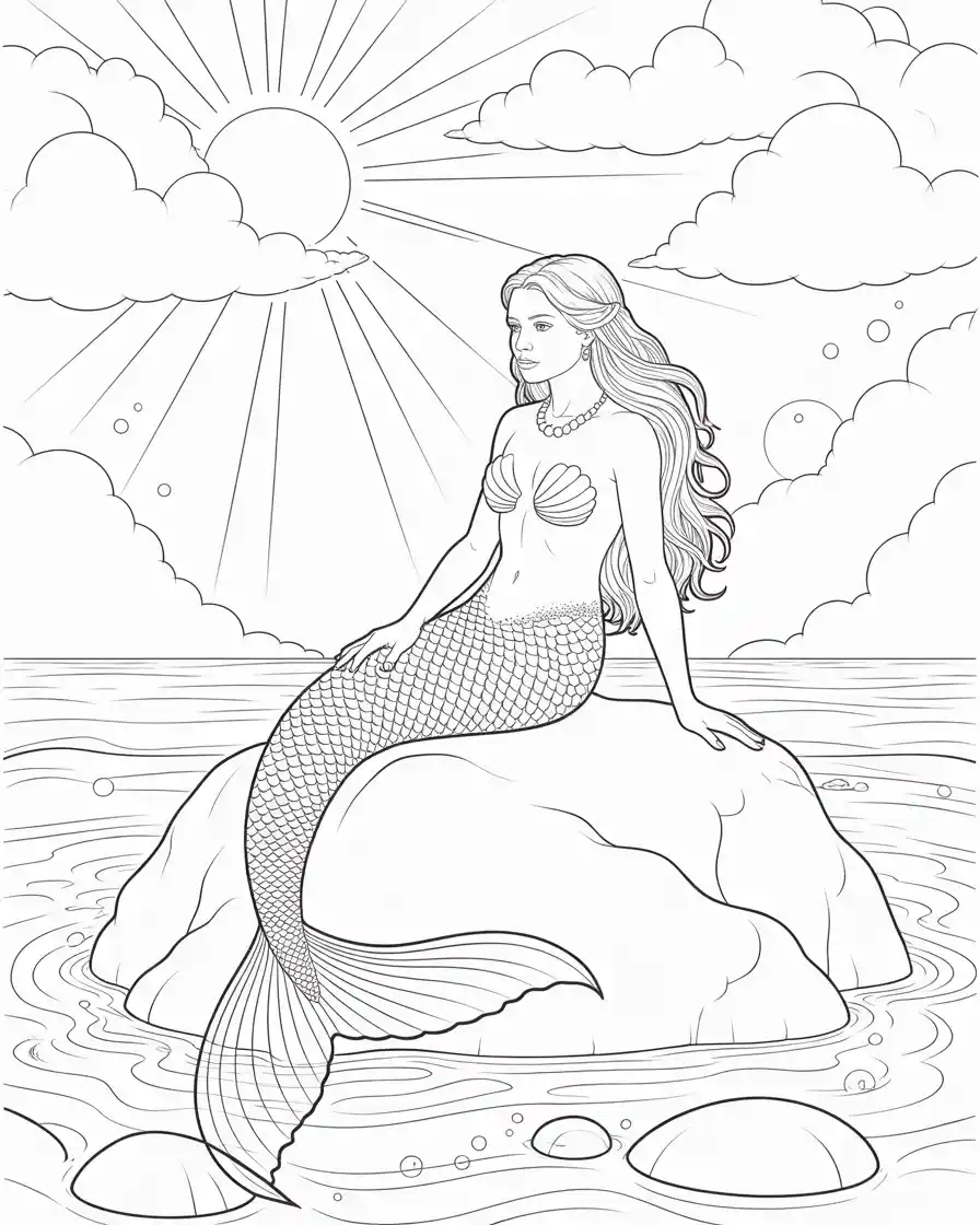 mermaid sitting on a rock at sea on a sunny day