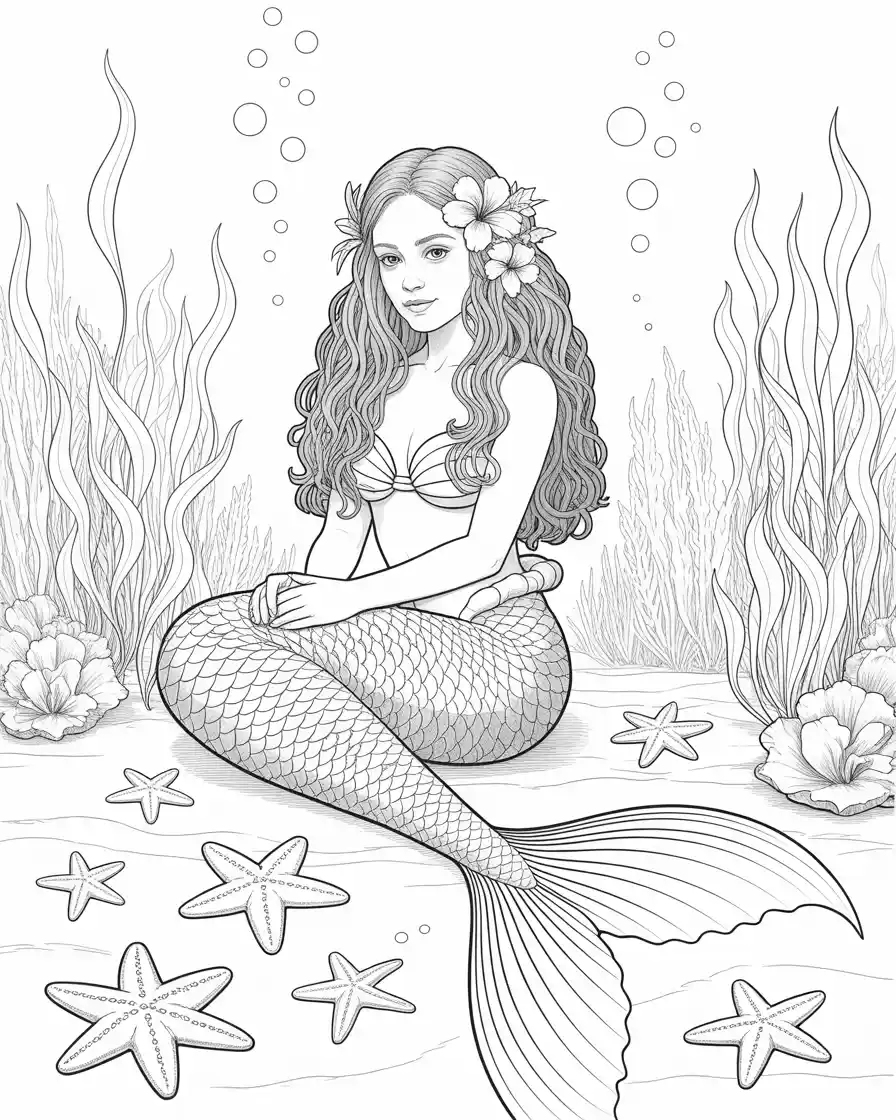 mermaid sitting on sea floor with flowers in her hair